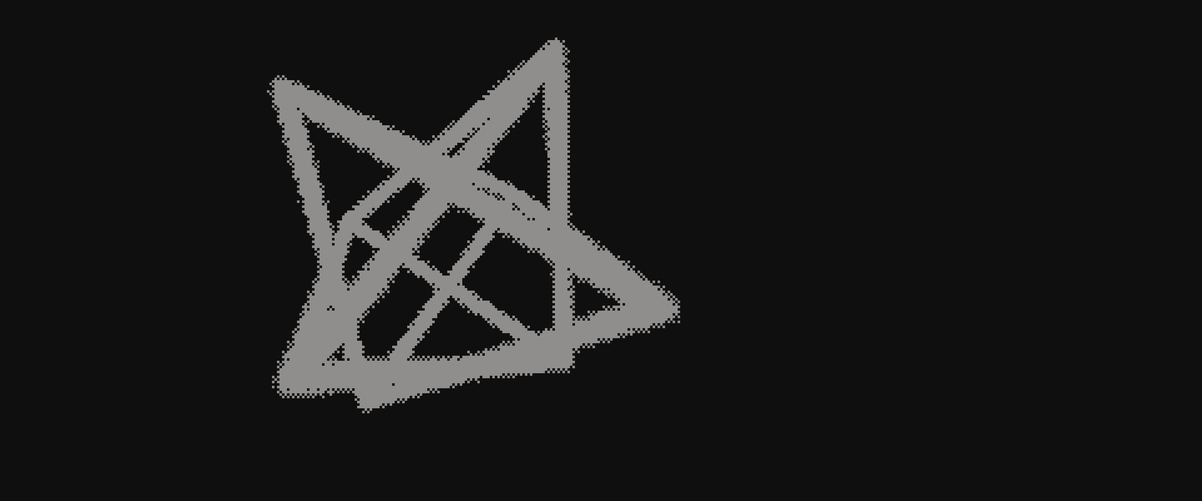 Two interlocking tetrahedra drawn as a dithered wireframe on black.