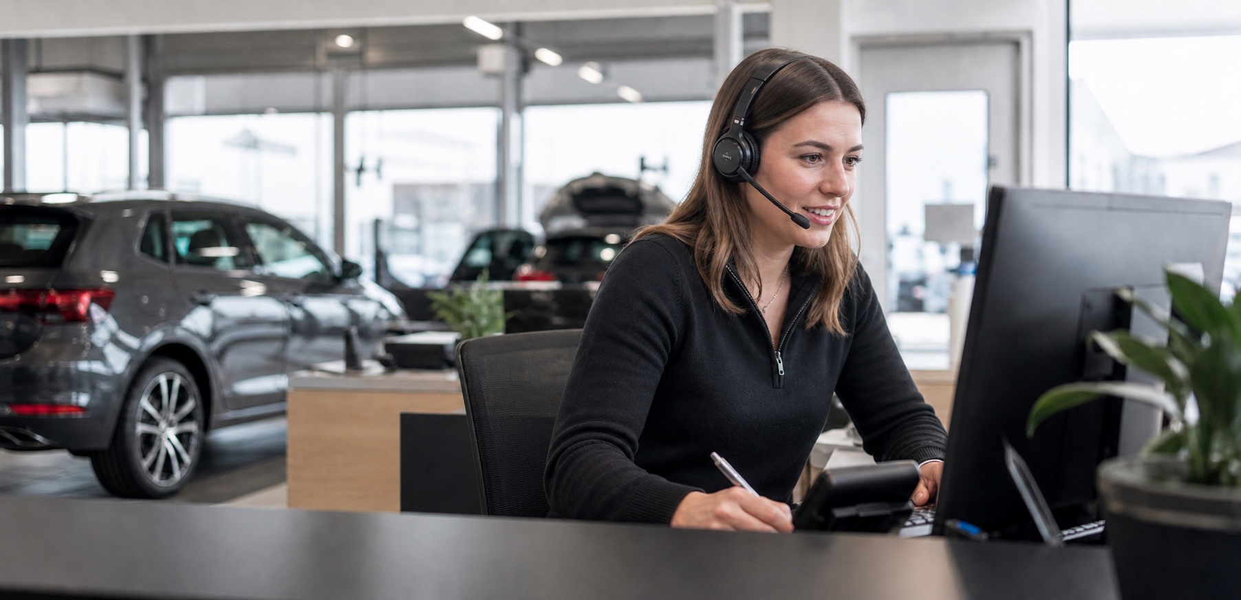 A service adviser taking a customer call at a car dealership