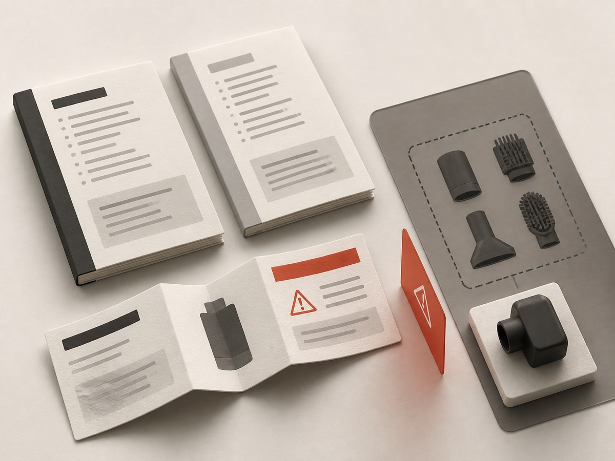 Instruction booklets, a folded leaflet with warning labels, and a packaging tray of device parts