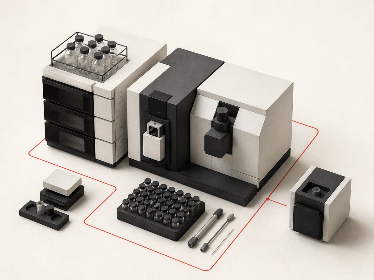 An isometric render of a bench of laboratory instruments: a solvent rack over stacked modules, a mass spectrometer, trays of sample vials and separation columns, linked by a single traced line.
