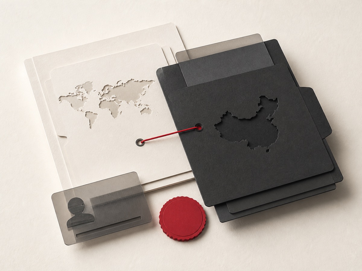 Two document folders, one cut with a world map and one with a map of China, joined by a red thread beside a stamp and an ID card