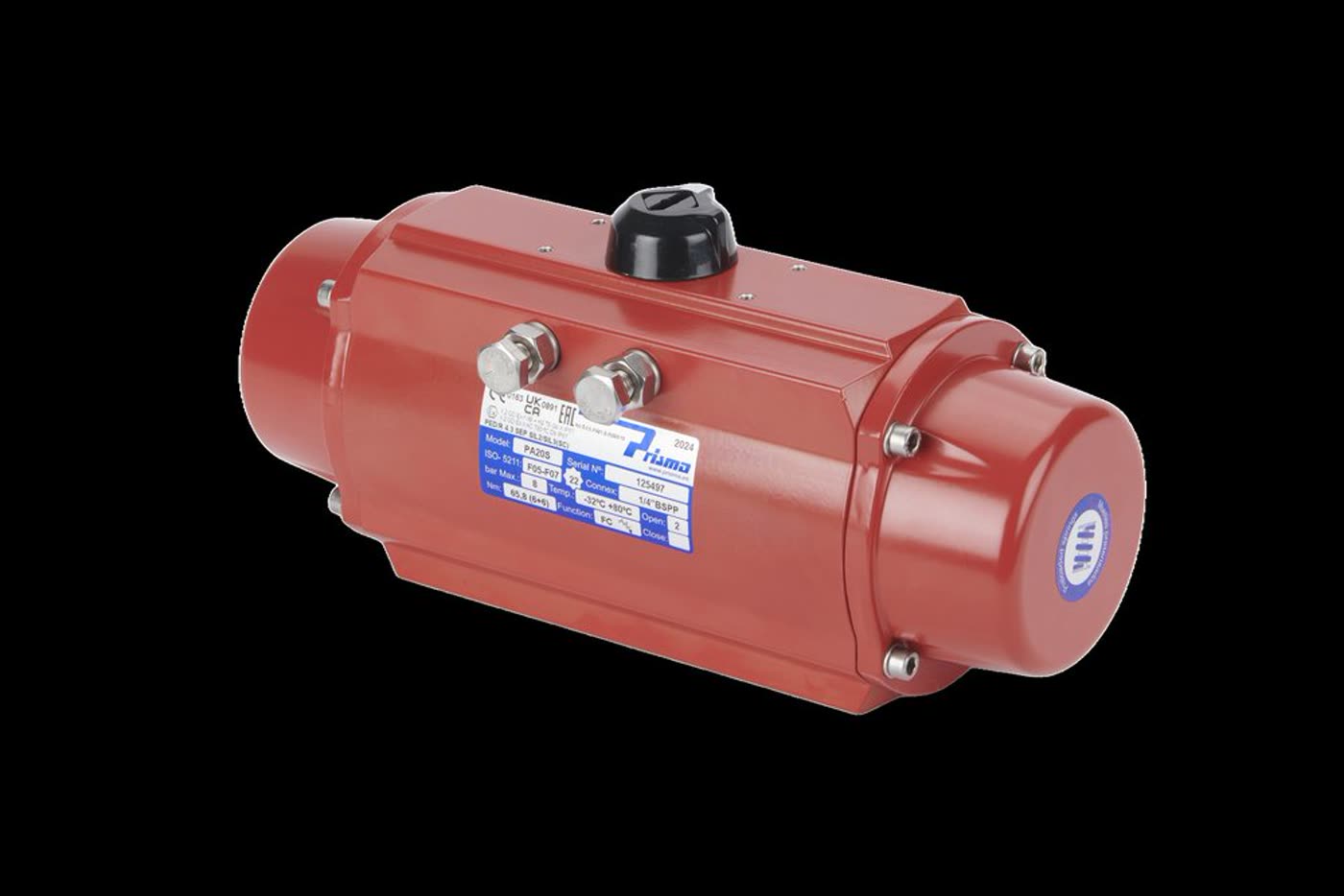 A red Prisma pneumatic spring-return actuator photographed against a black background. Its nameplate lists the model, the ISO 5211 mounting interface, the maximum air supply pressure in bar, the output torque and the temperature range.