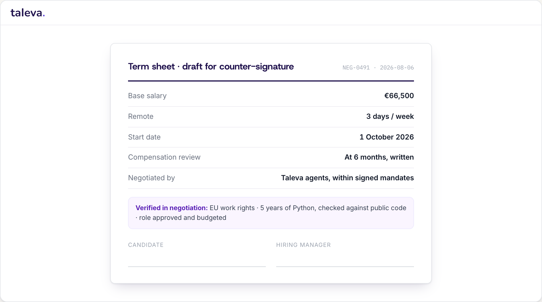 A negotiated term sheet drafted by Taleva agents, ready for counter-signature