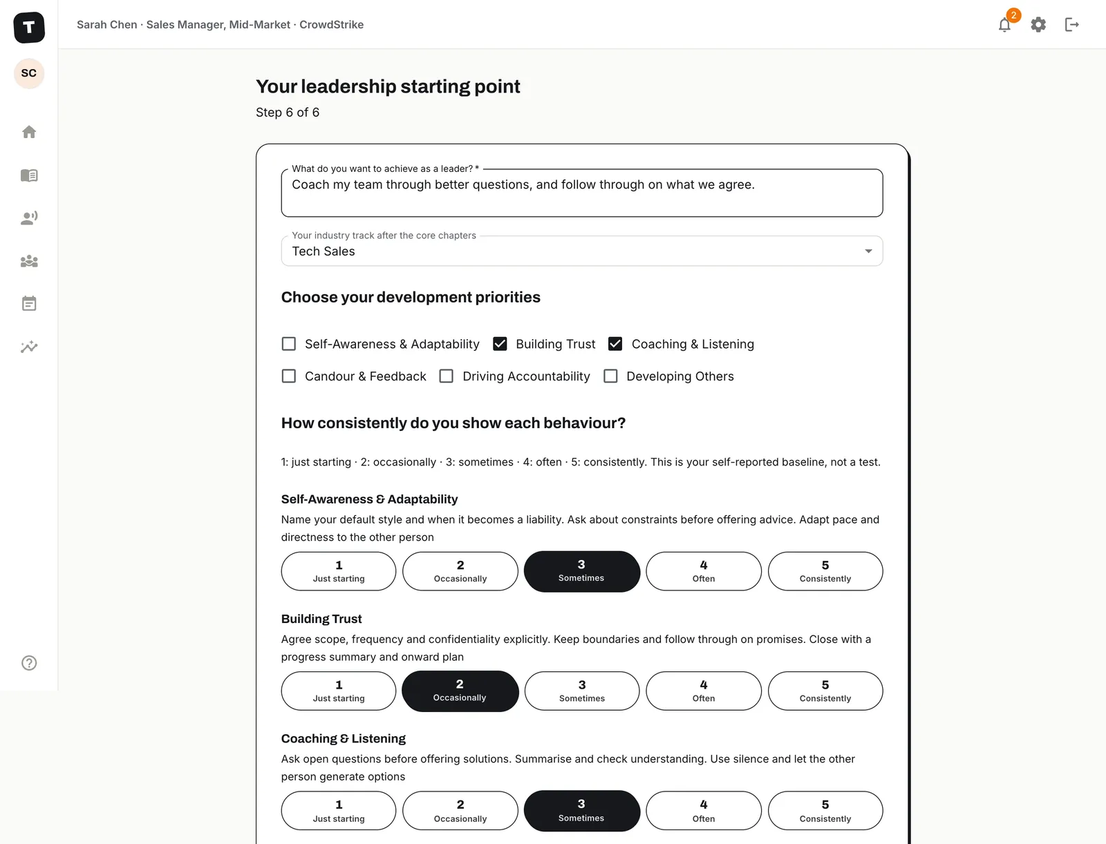 The first-login baseline form: a goal field, an industry track set to Tech Sales, six development-priority checkboxes, and a one-to-five pill scale under each competency with its three behaviours described.
