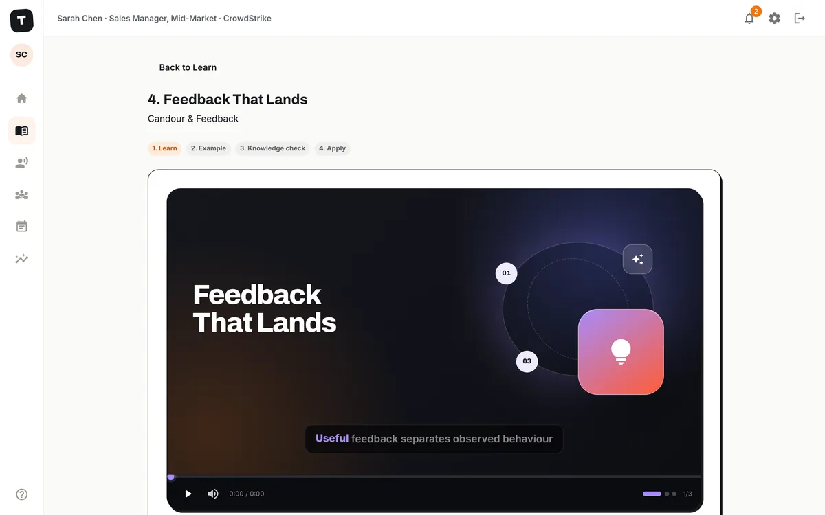 A chapter player on the Learn step of Feedback That Lands, showing the narrated video lesson's cover slide with the caption Useful feedback separates observed behaviour.