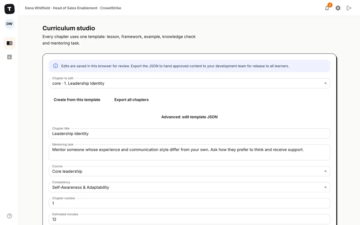 The curriculum studio: a chapter picker, buttons to create from the template or export all chapters, and editable fields for title, mentoring task, course, competency, chapter number and minutes.