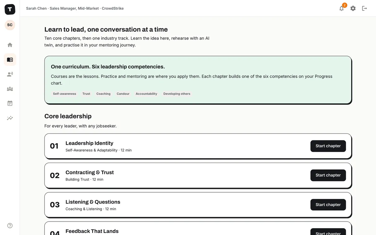 The Learn page: one curriculum and six leadership competencies as chips, then the core leadership chapters listed with a competency, a duration and a Start chapter button each.