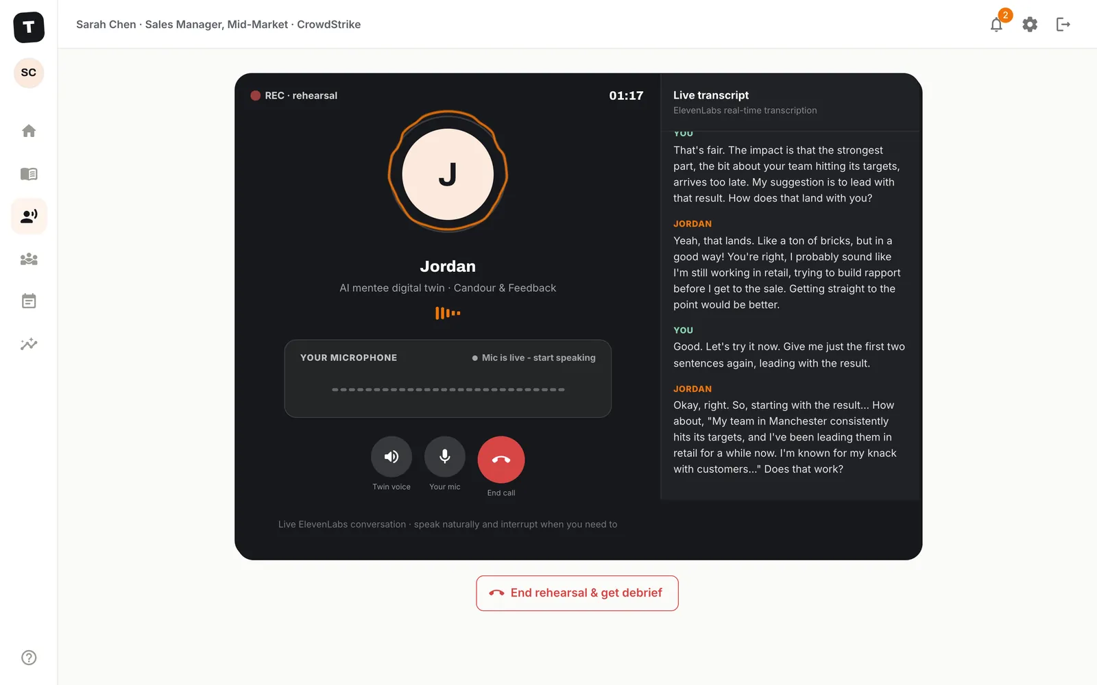 A live rehearsal: Jordan's avatar inside an orange audio-reactive ring, a microphone level meter and call controls on the left, and on the right the live transcript with the mentor's feedback and Jordan's reply.