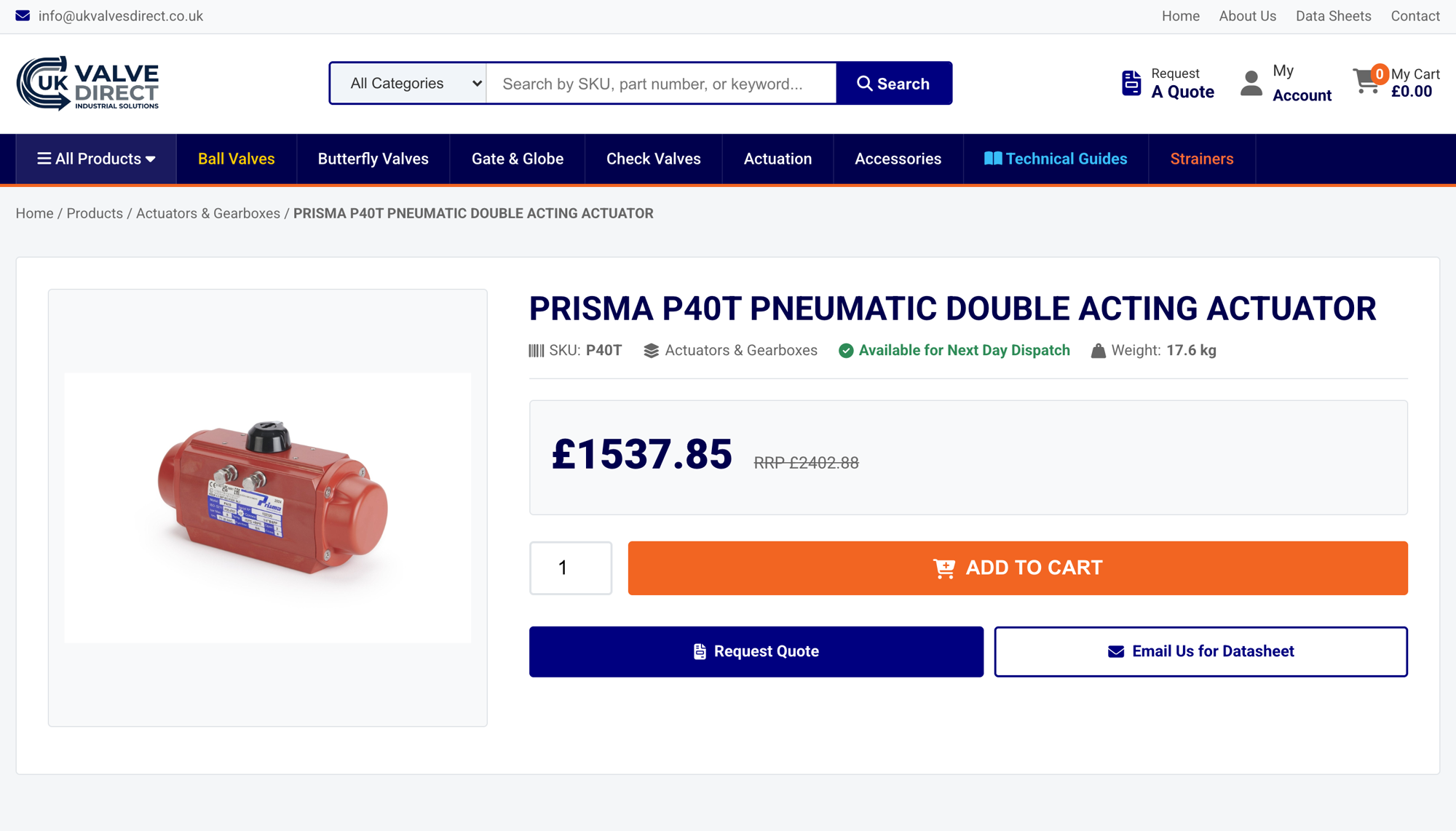 Product page for a Prisma P40T pneumatic double acting actuator on the UK Valves Direct site, filed under Actuators and Gearboxes, weighing 17.6 kg and priced at £1,537.85.