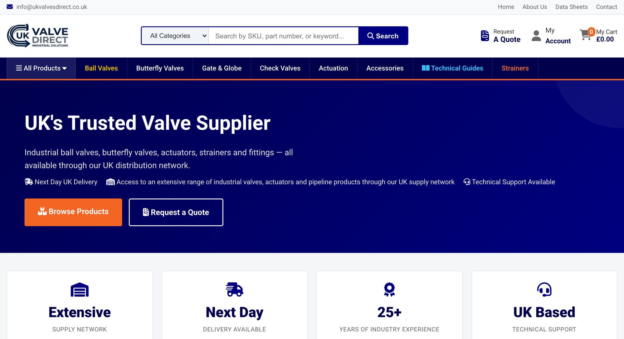 UK Valves Direct homepage. The hero reads "UK's Trusted Valve Supplier", with a row of claims underneath: Next Day UK Delivery, access to an extensive range of industrial valves, actuators and pipeline products through our UK supply network, and Technical Support Available.