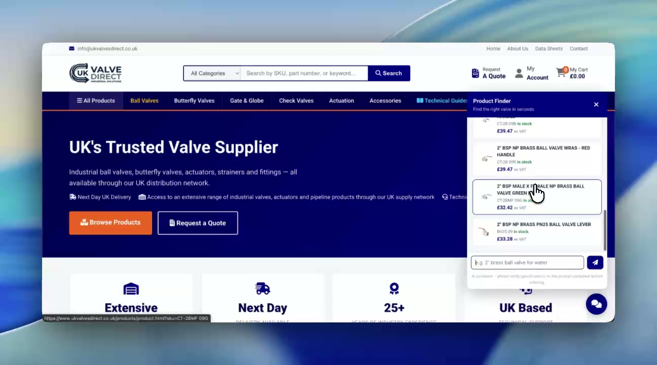The product finder answering a plain-English valve request on the UK Valves Direct storefront