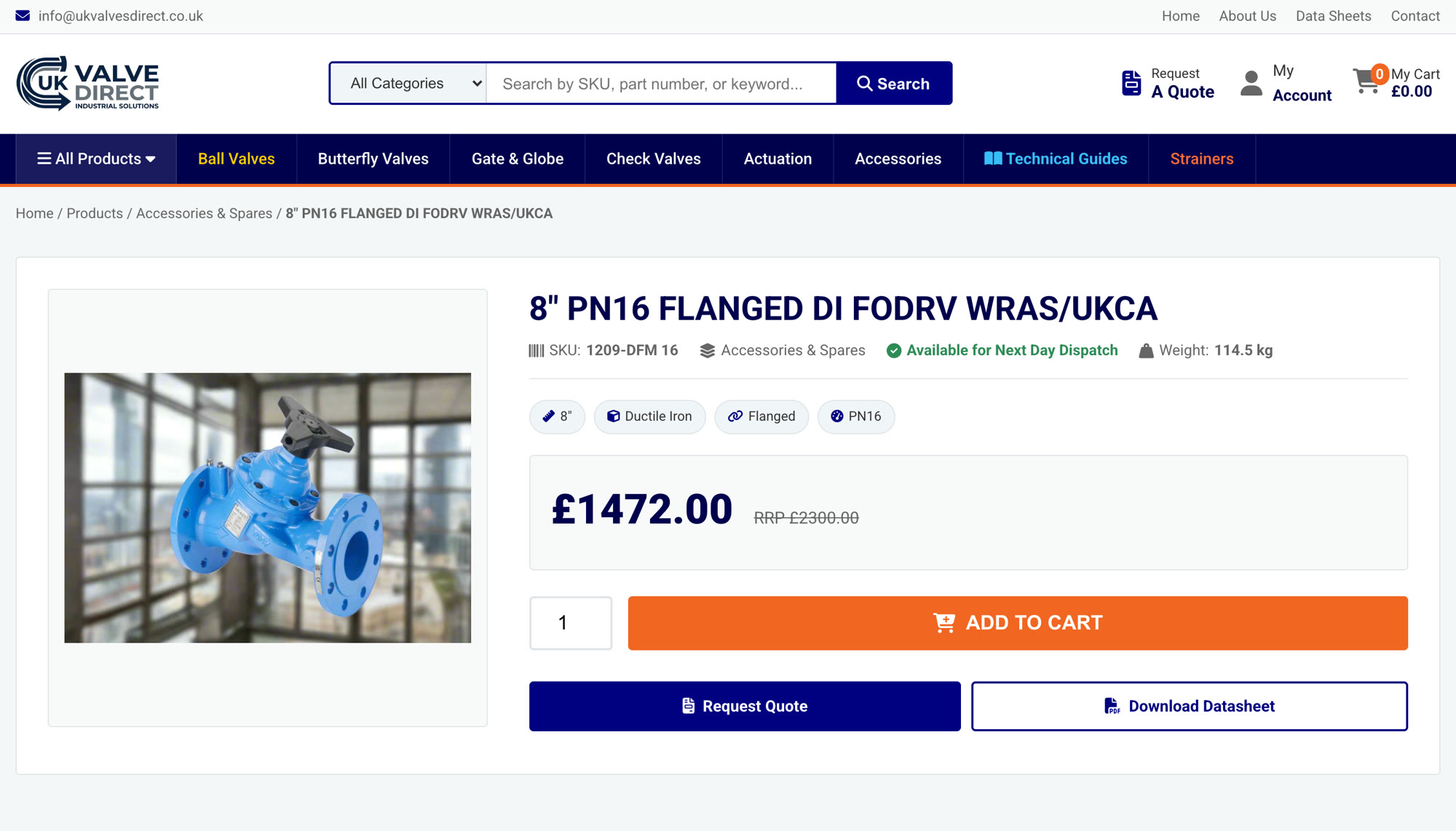 Product page for an 8 inch PN16 flanged ductile iron valve on the UK Valves Direct site, priced at £1,472, showing the SKU, a 114.5 kg weight and an availability line reading Available for Next Day Dispatch.