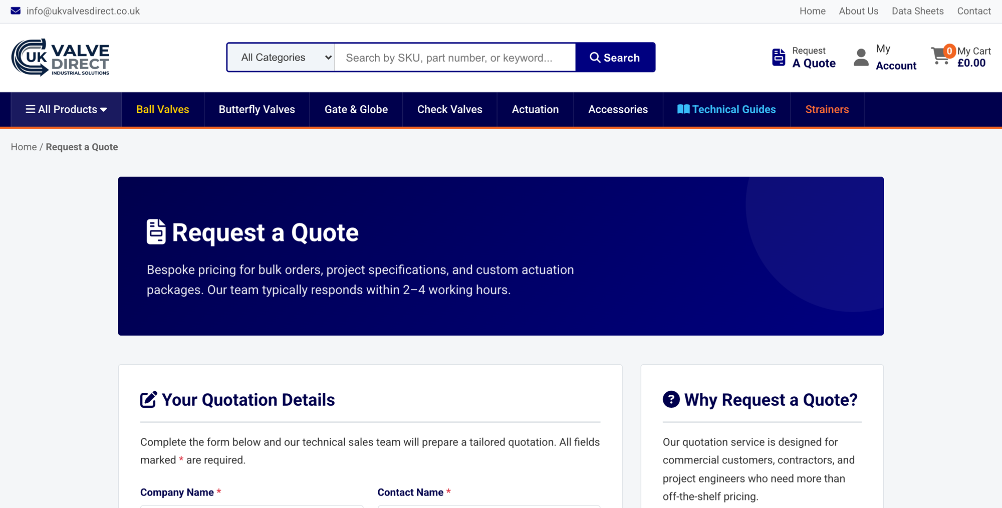 The UK Valves Direct quote request page