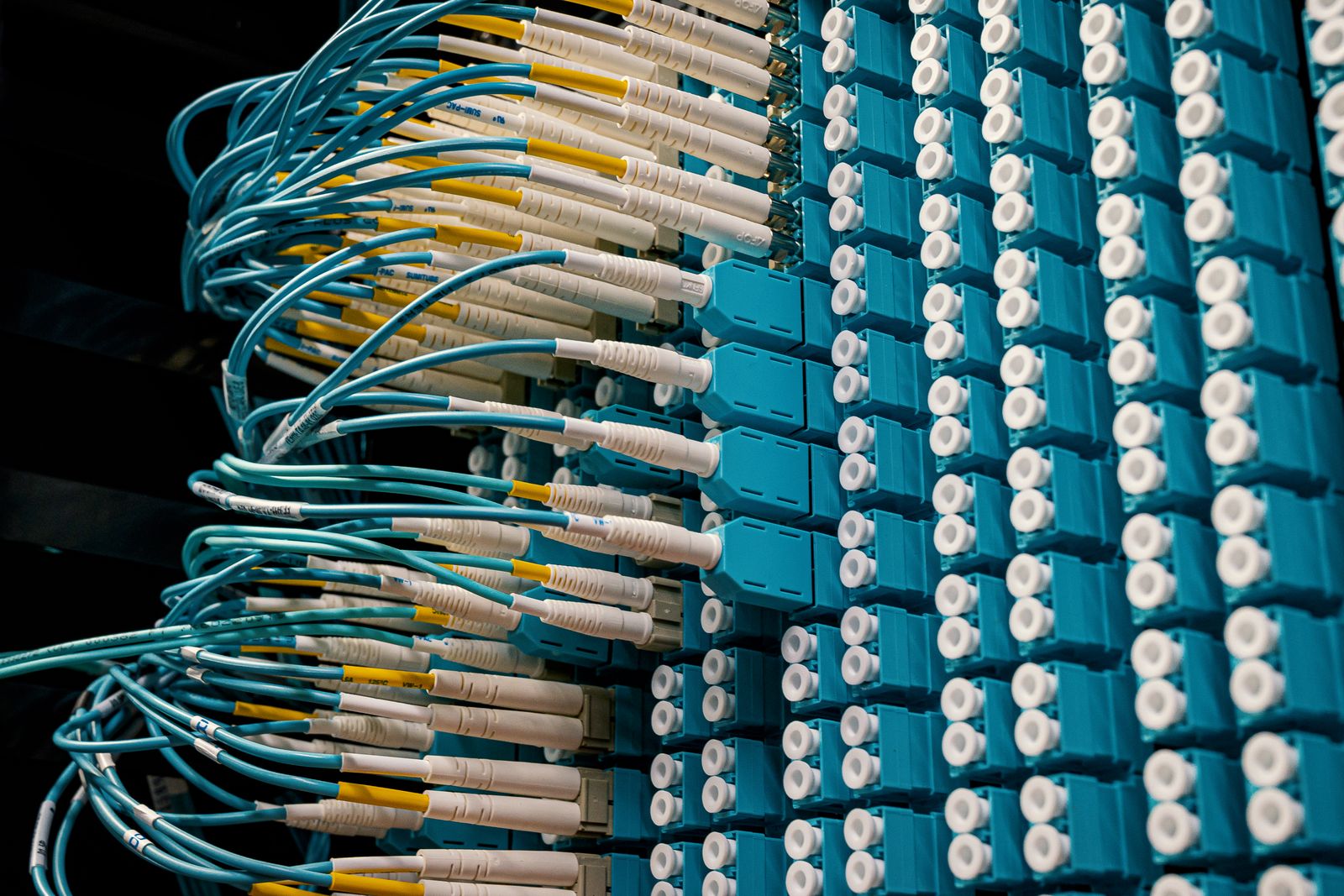 Fibre patch leads sweeping into rows of ports on an exchange panel