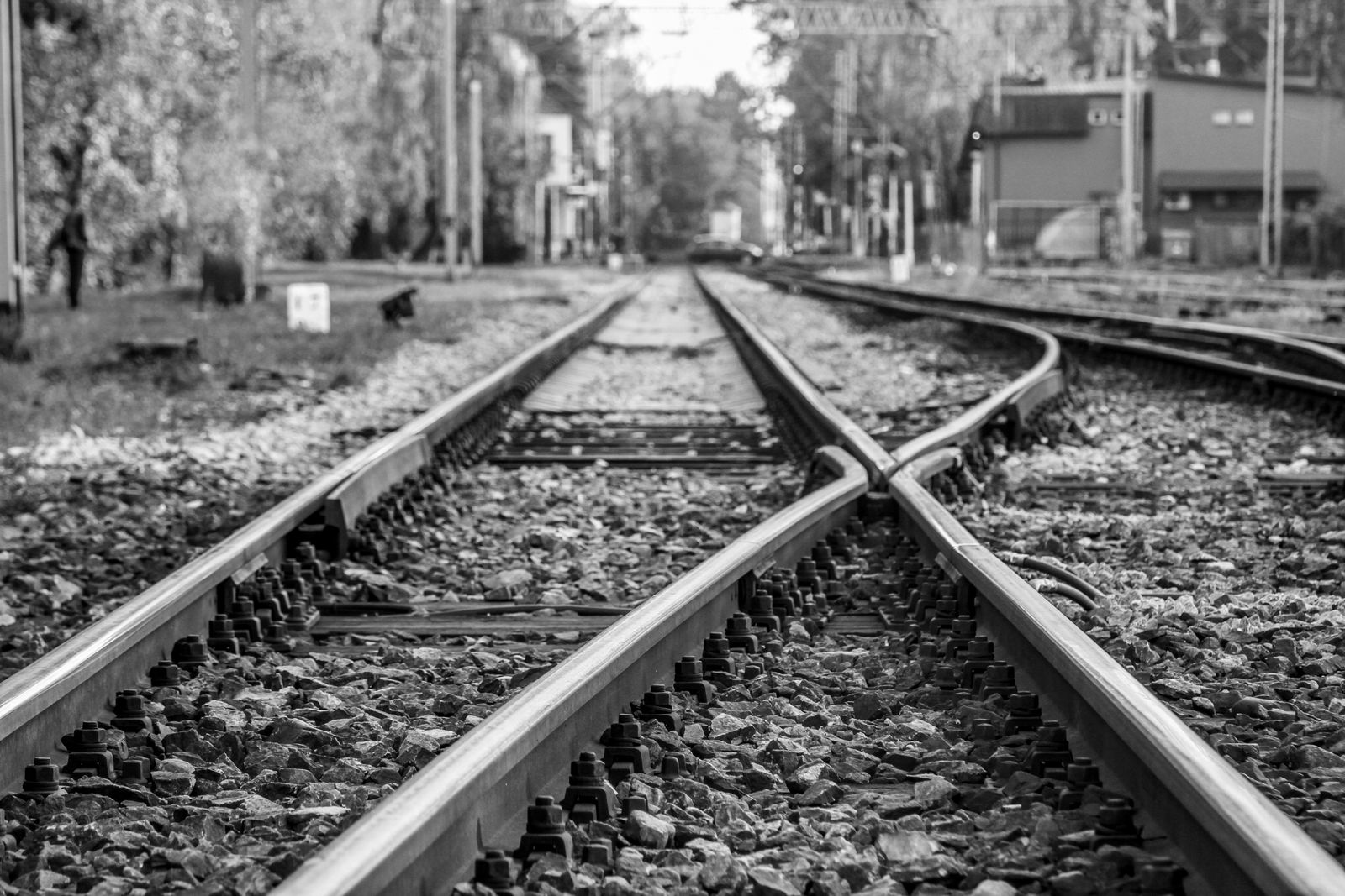 Railway tracks merging through a set of points, in black and white