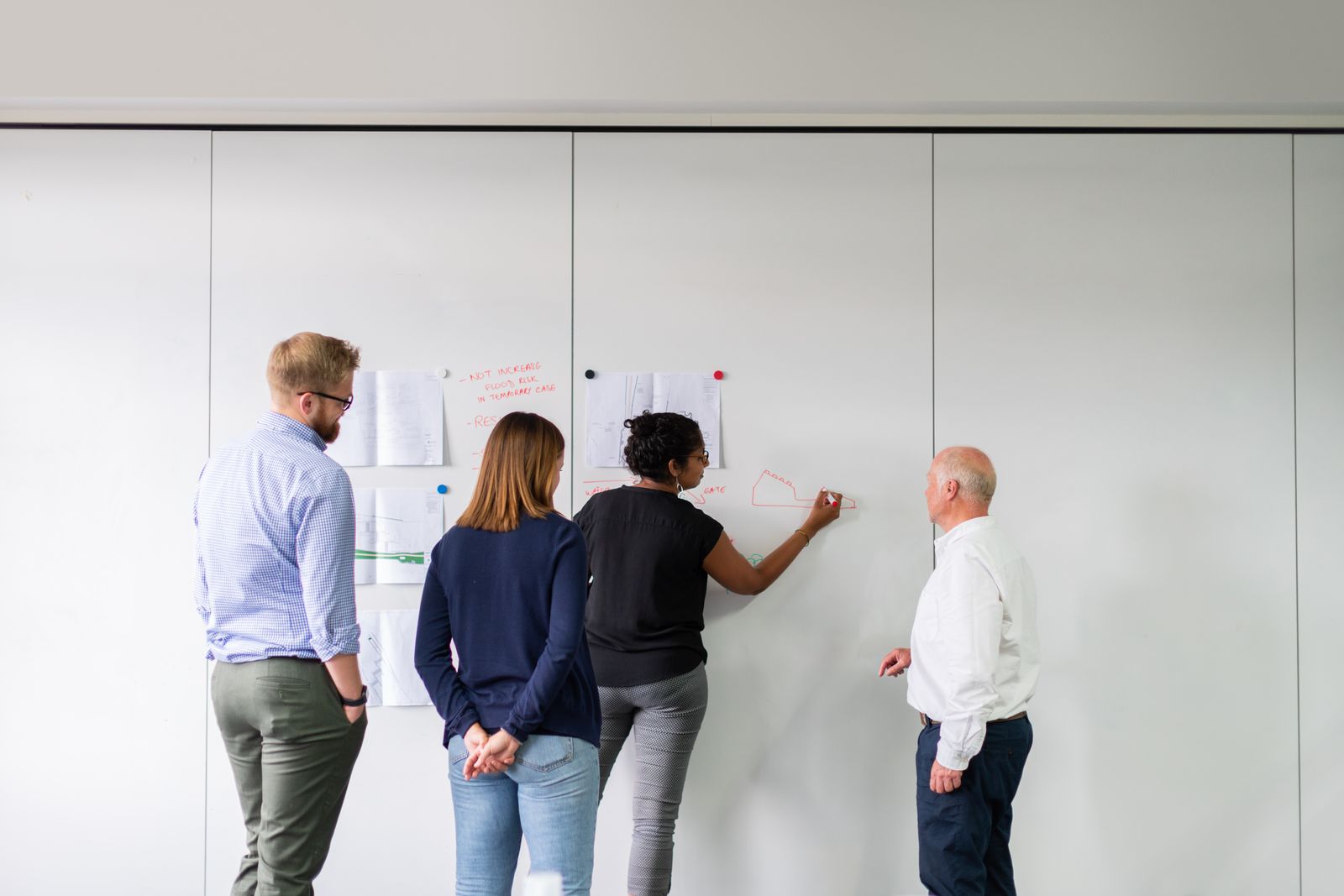 A team working through sheets pinned to an office wall, one person writing